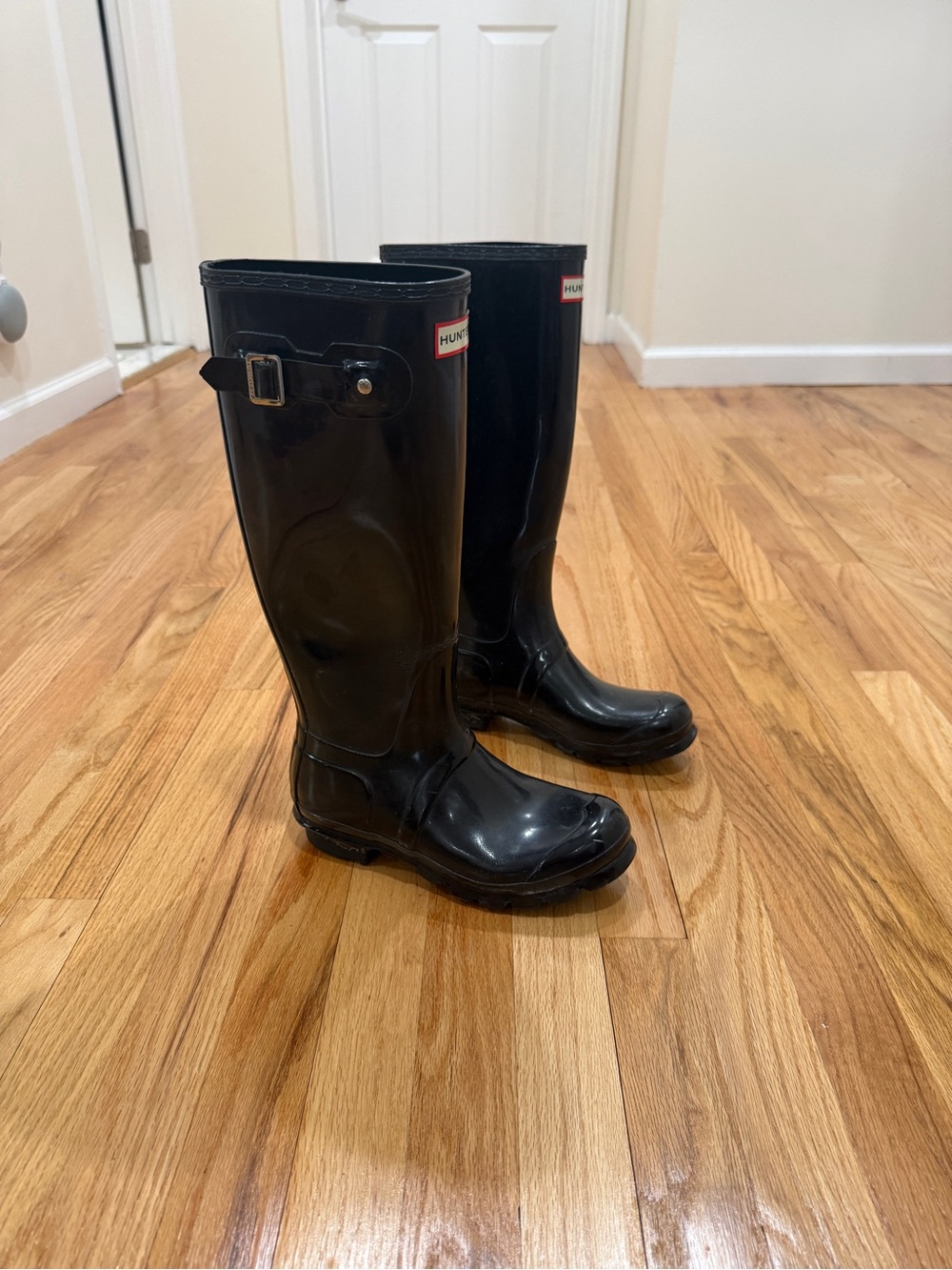 Hunter Glossy Black Knee-High Rain Boots with fleece inserts